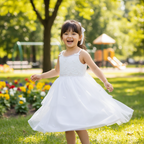 ABEILLE Kids White Embroidered Tulle Party Dress with Bows