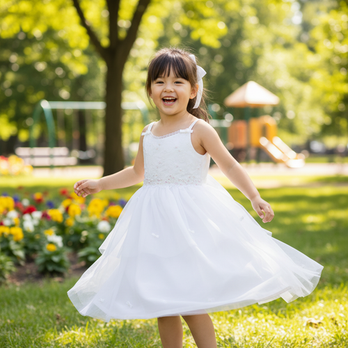 ABEILLE Kids White Embroidered Tulle Party Dress with Bows