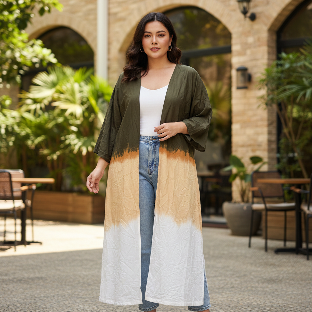 Women's Olive and White Color-Block Longline Kimono