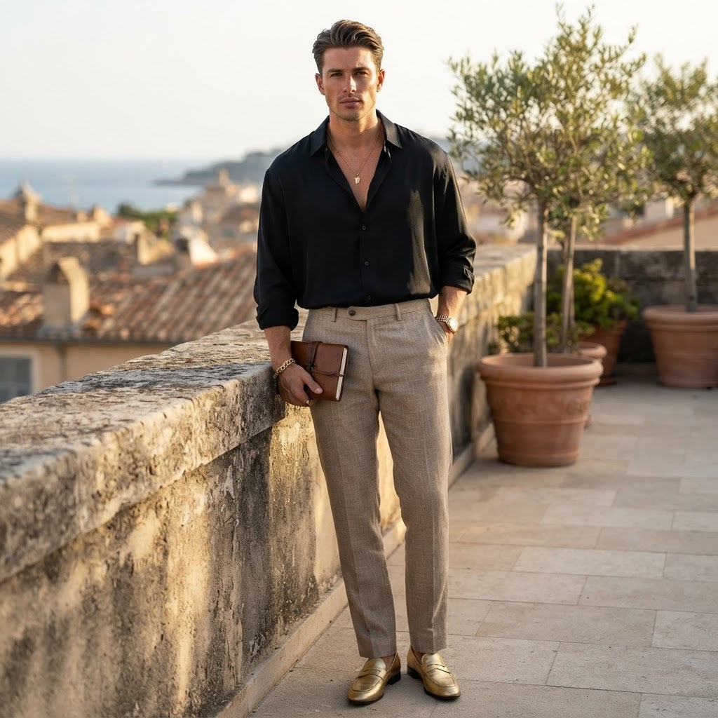 Men's Beige Textured Linen Blend Tailored Trousers