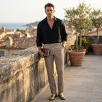 Men's Beige Textured Linen Blend Tailored Trousers