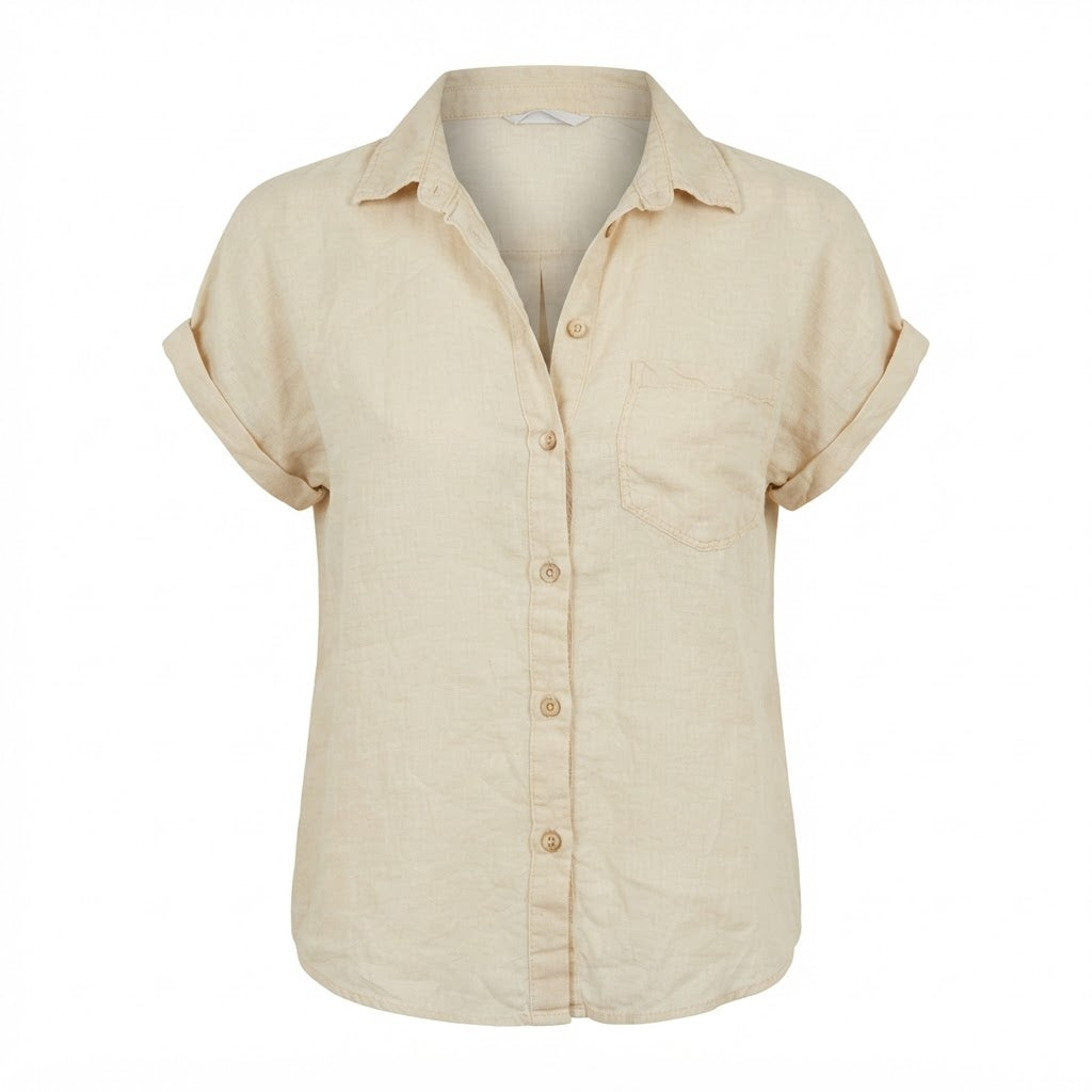 ZARA Women's Cream Linen-Blend Short Sleeve Button-Down Shir