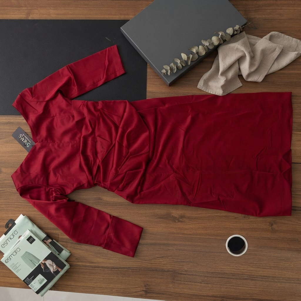 SWING Wine Red Satin Fit-and-Flare Midi Dress with Panelled