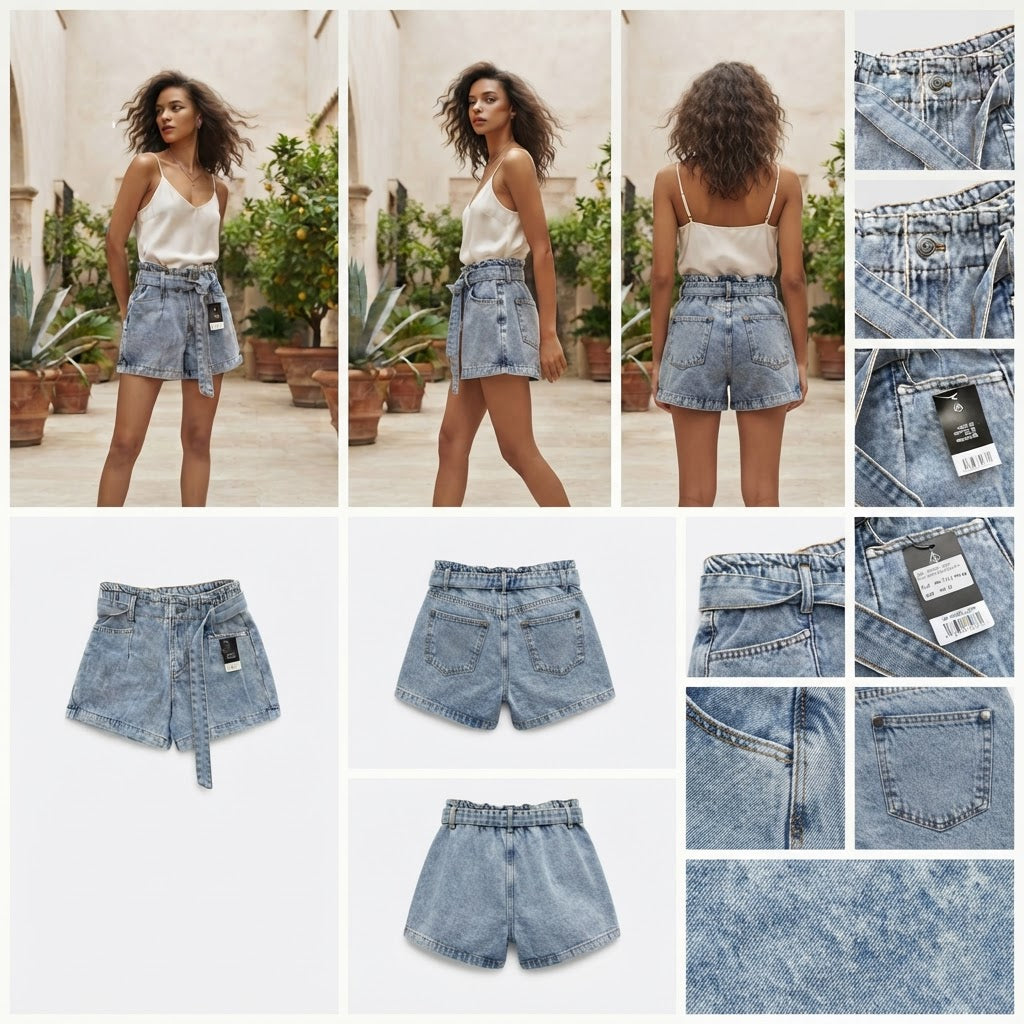 Light Blue High-Waisted Paperbag Denim Shorts with Belt