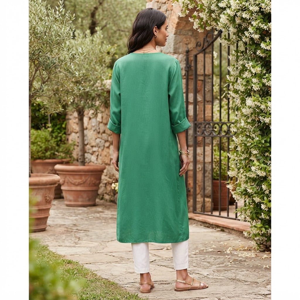 Women's Emerald Green Satin Longline Duster Kimono