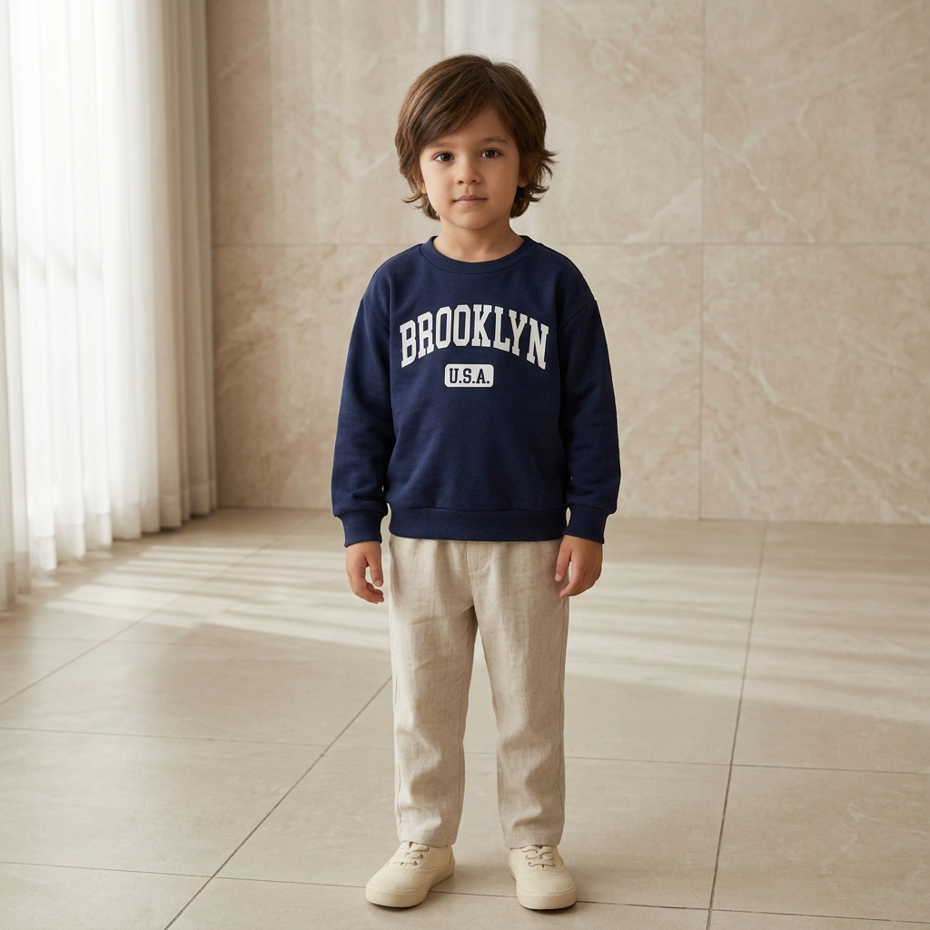 SHEIN Navy Blue Kids Brooklyn USA Graphic Crewneck Sweatshir