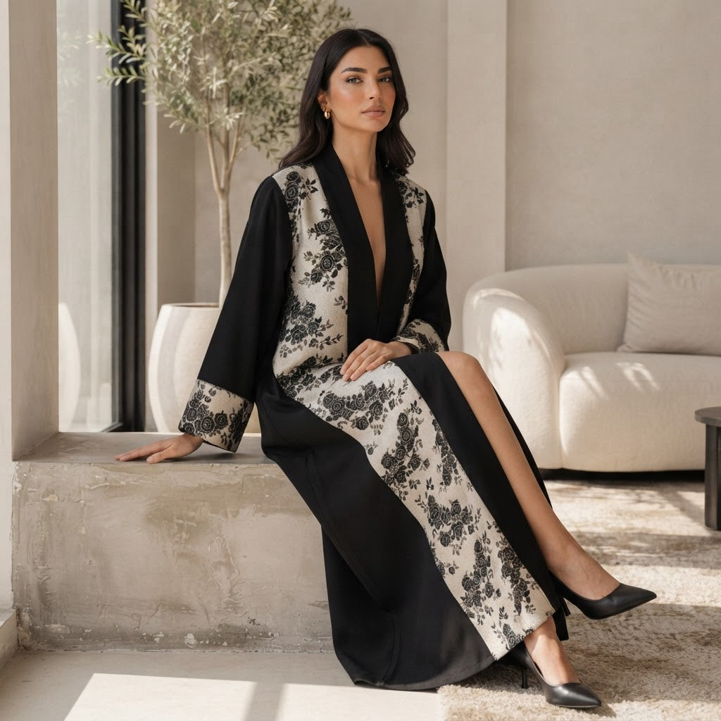 UNIQUE ABAYA Unique Abaya Black & Gold Floral Jacquard Open-