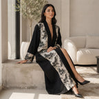 UNIQUE ABAYA Unique Abaya Black & Gold Floral Jacquard Open-
