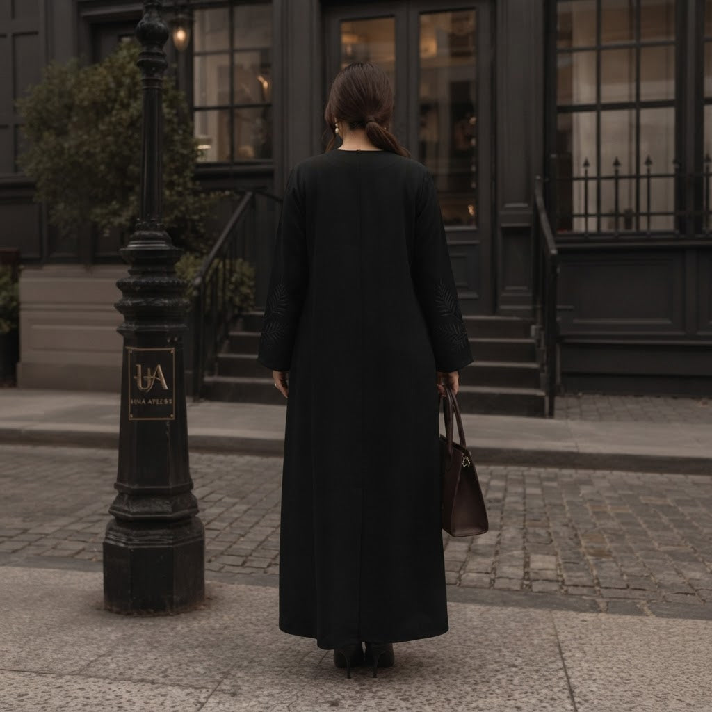 represent Black Embroidered Abaya with Tonal Frog-Knot Closu