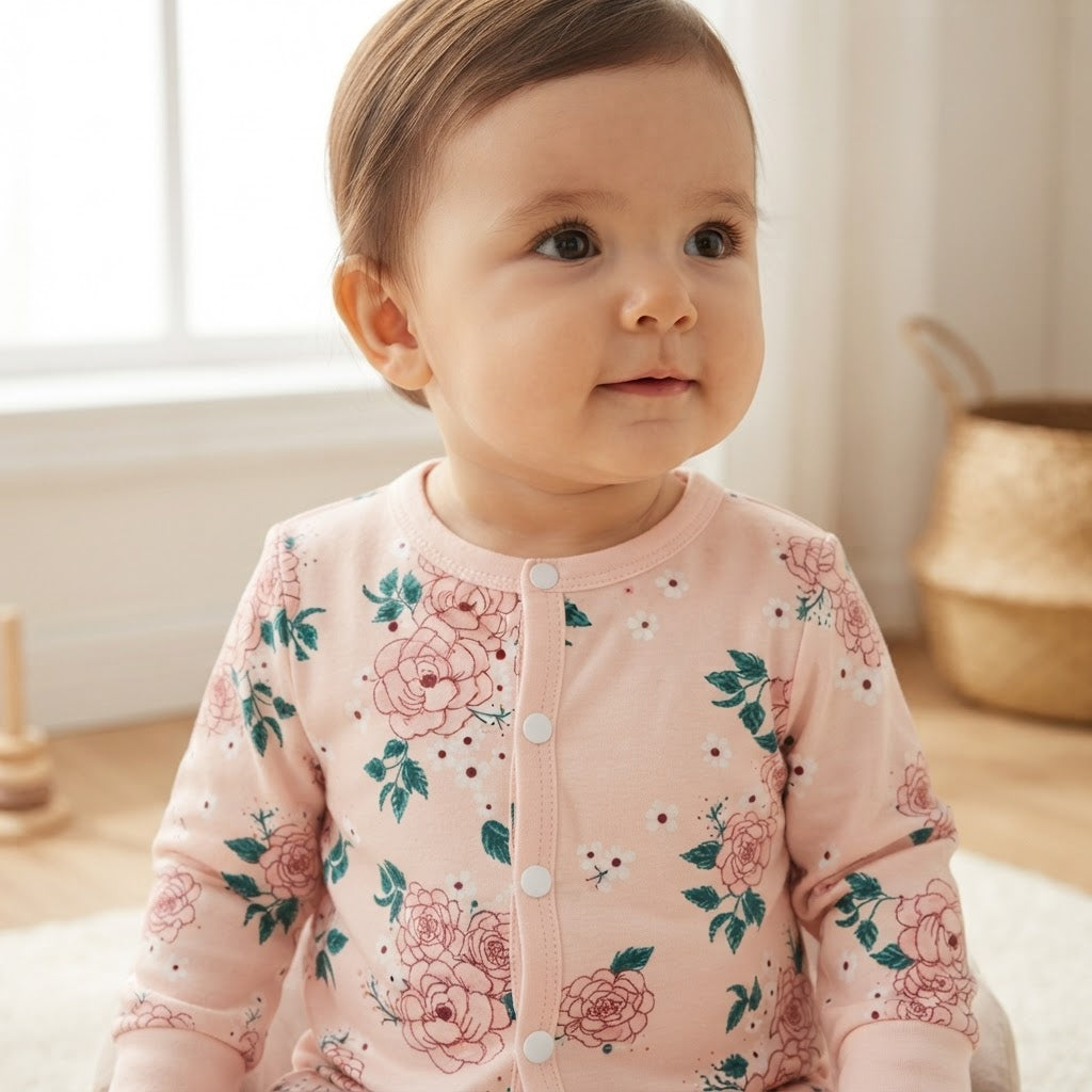 SHEIN Pale Blush Pink Floral Long-Sleeve Baby Romper