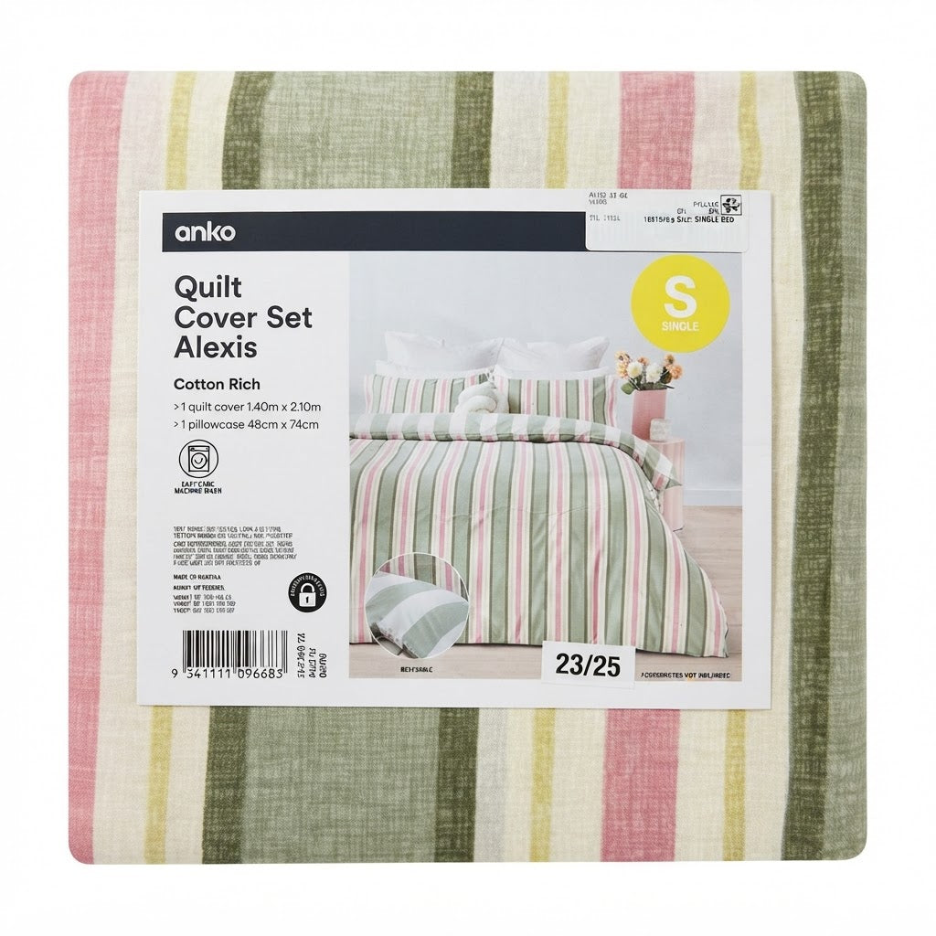 anko Striped Cotton Rich Single Quilt Cover Set - Green & gr