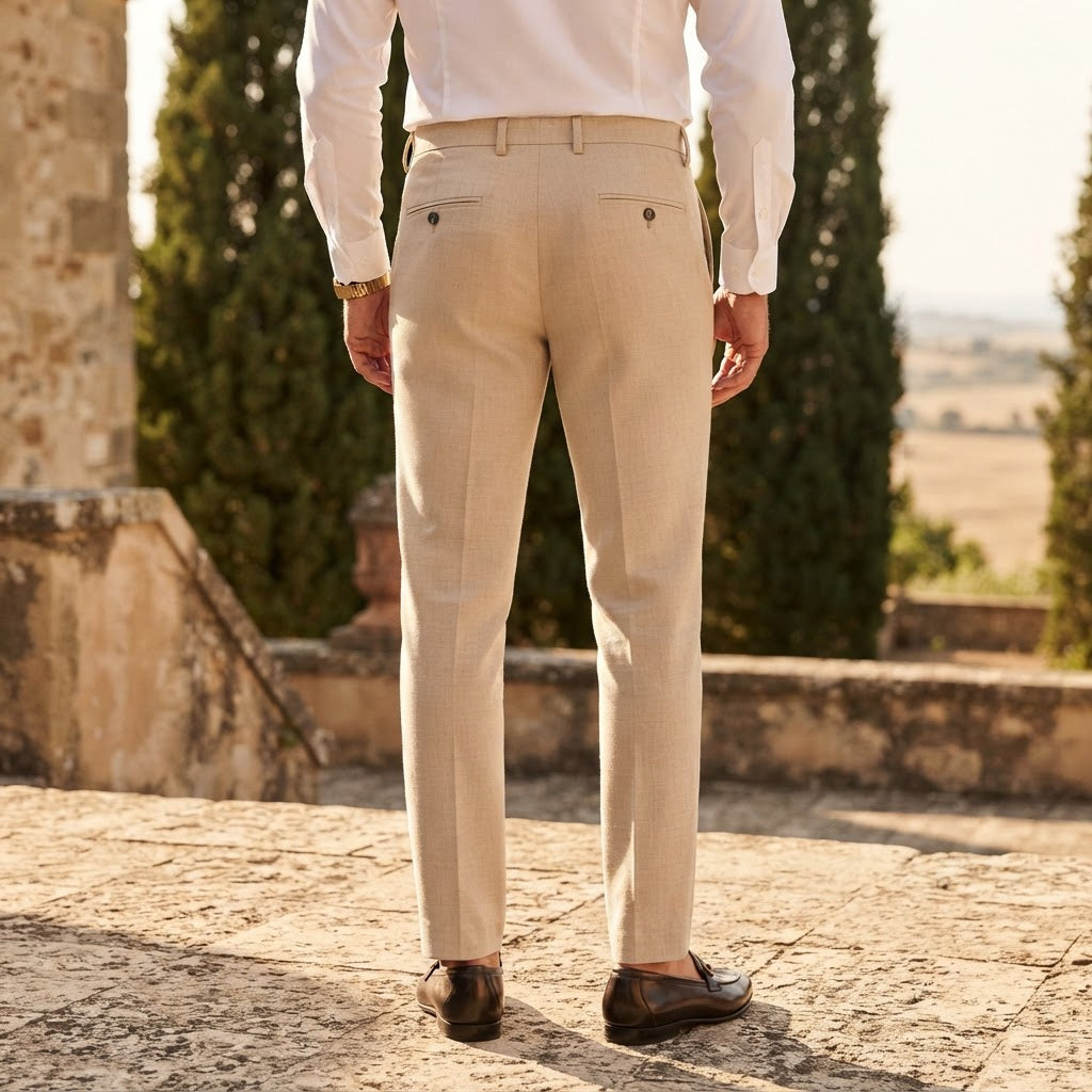 Men's Beige Tailored Straight-Leg Linen Blend Trousers