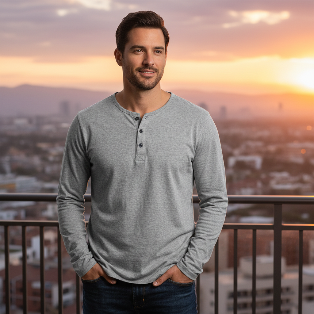 Livergy Men's Grey Long Sleeve Henley Shirt