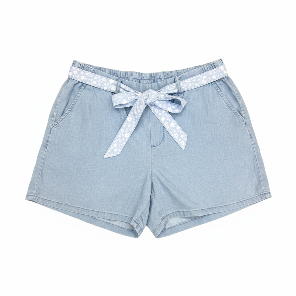 Women's Light Blue Chambray Shorts with Floral Belt