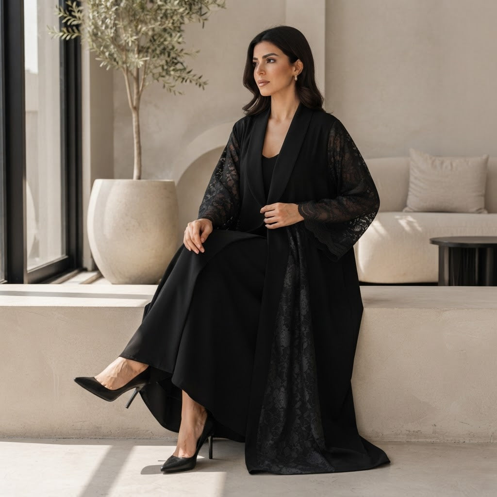 guess Black Open-Front Abaya with Floral Lace Panels