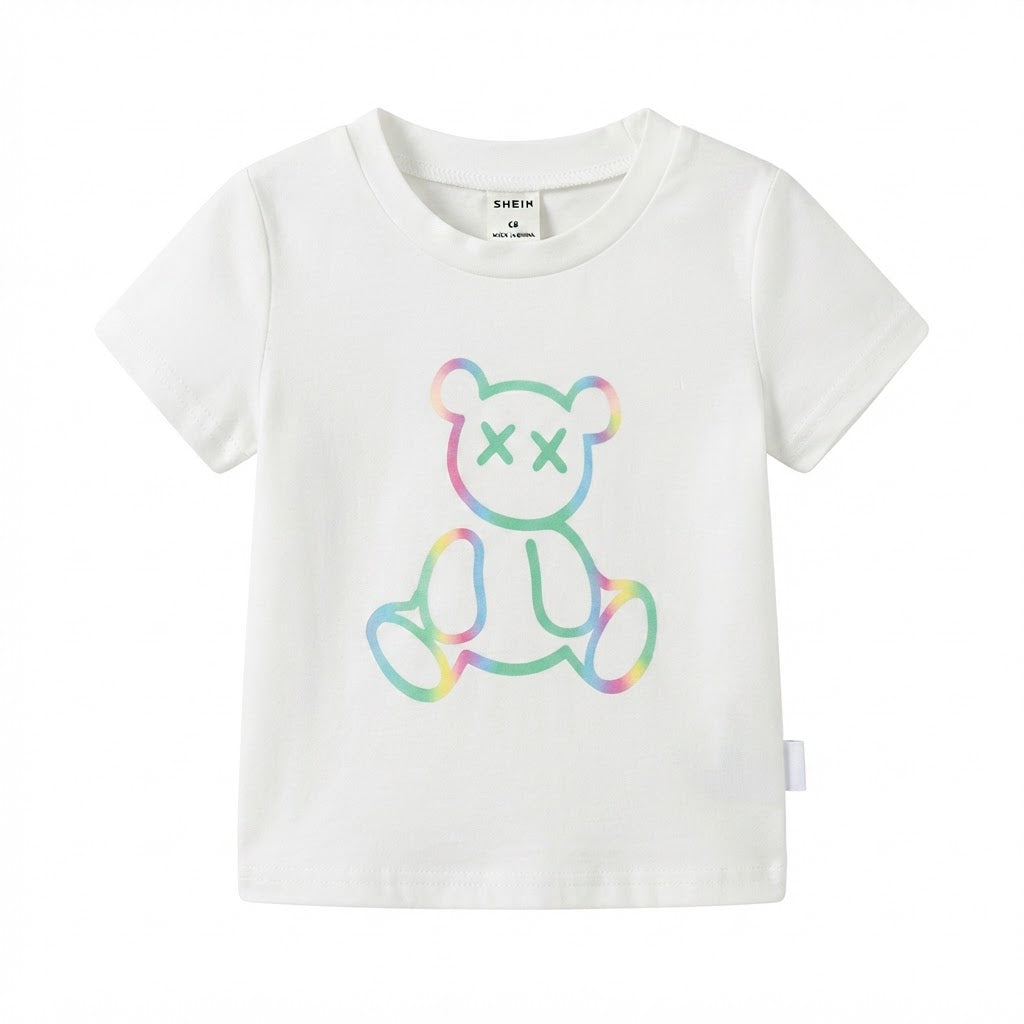 SHEIN White Infant T-Shirt with Rainbow Outline Bear Graphic