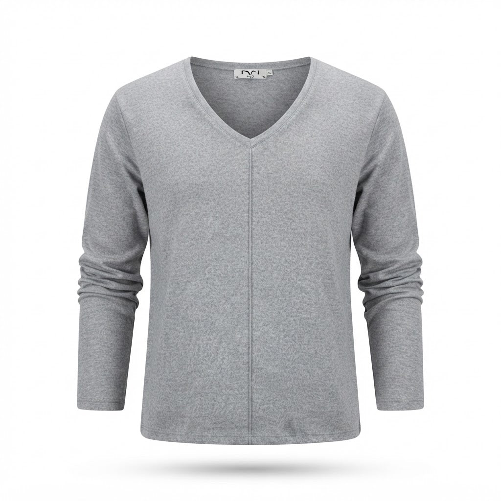 [WearU Generated:merch_ghost] Grey Heathered Knit Jersey Boxy V-Neck Top – ghost front view