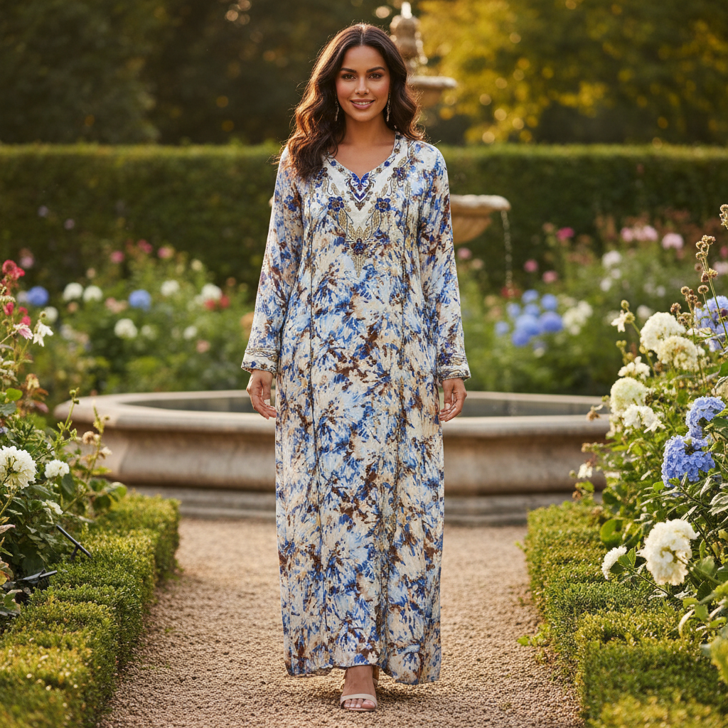 Women's Beaded Tie-Dye Maxi Kaftan Dress - Blue/Brown