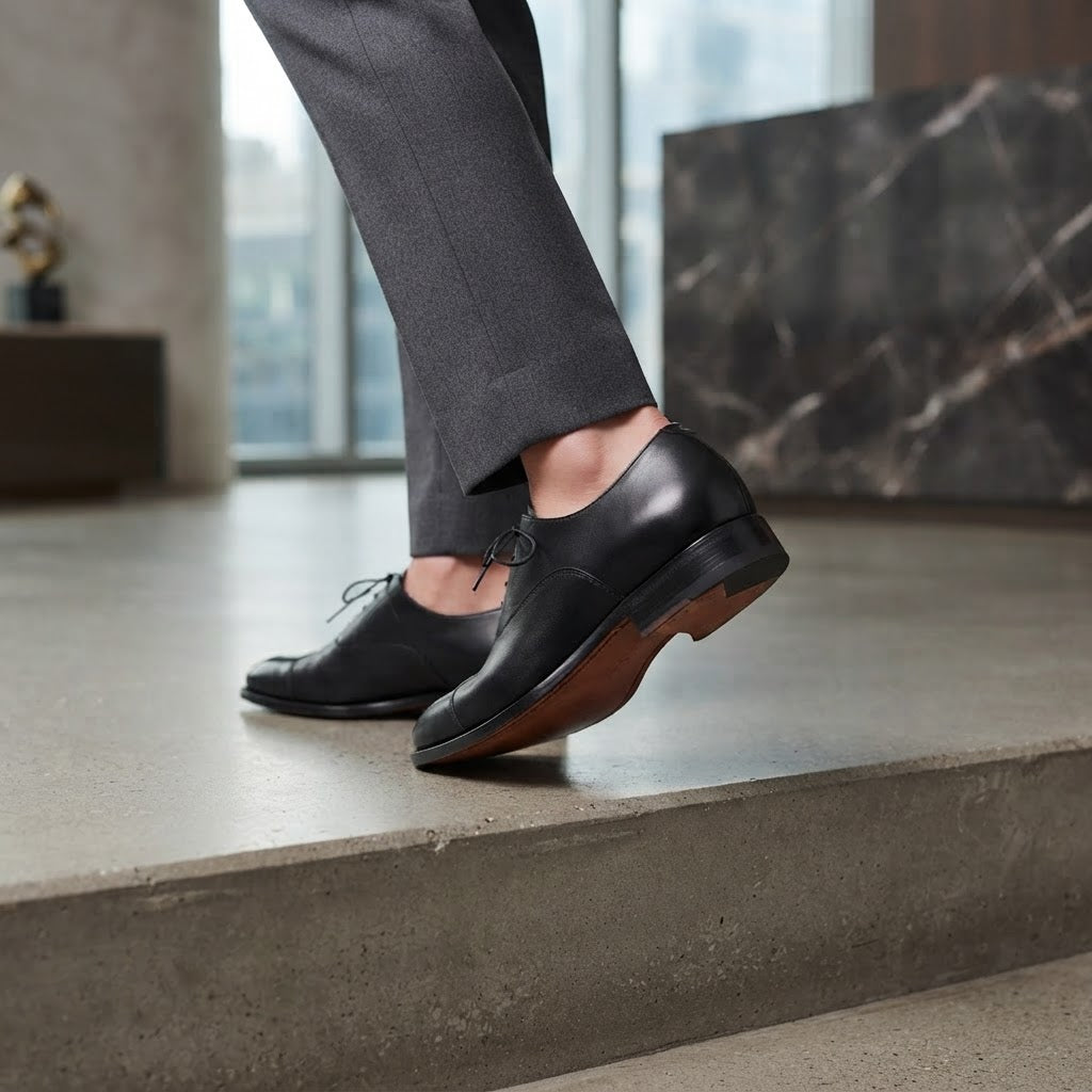 Men's Black Leather Cap-Toe Oxford Dress Shoes