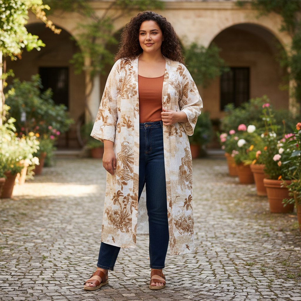 SHEIN CURVE Women's White & Brown Tropical Print Long Kimono