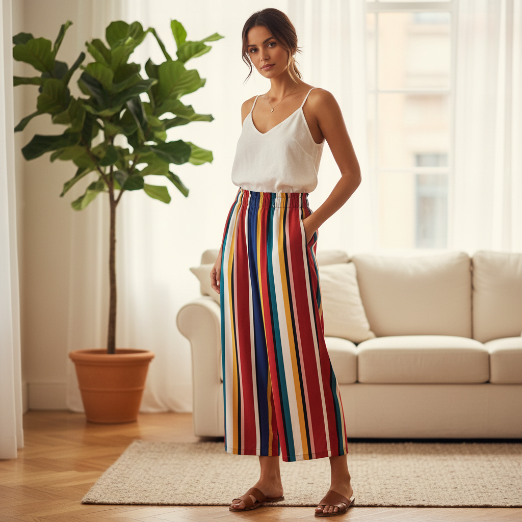 Women's Multi-Color Striped Wide-Leg Trousers
