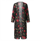 Women's Black Sheer Long Floral Open-Front Jacket Kimono Abaya