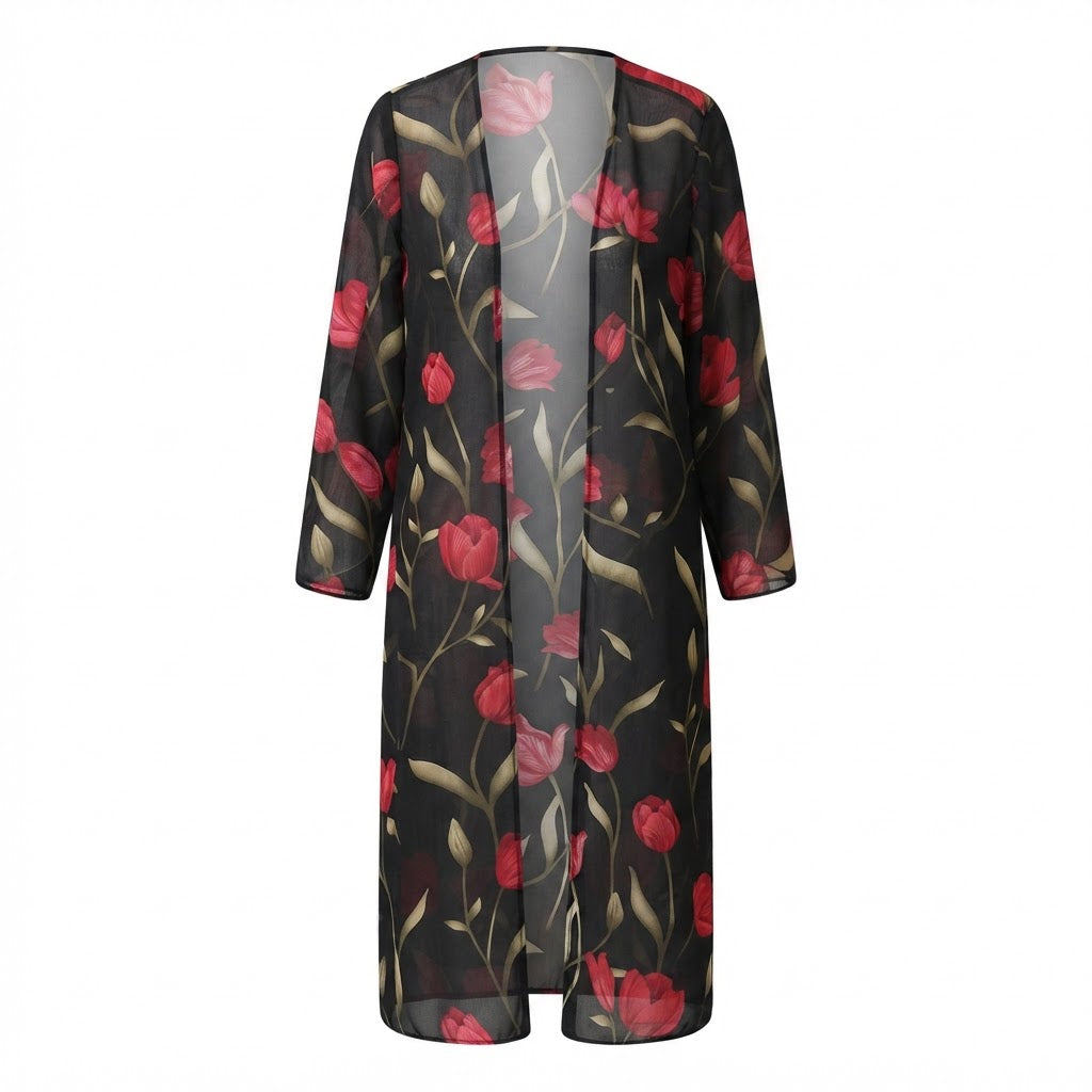 Women's Black Sheer Long Floral Open-Front Jacket Kimono Abaya