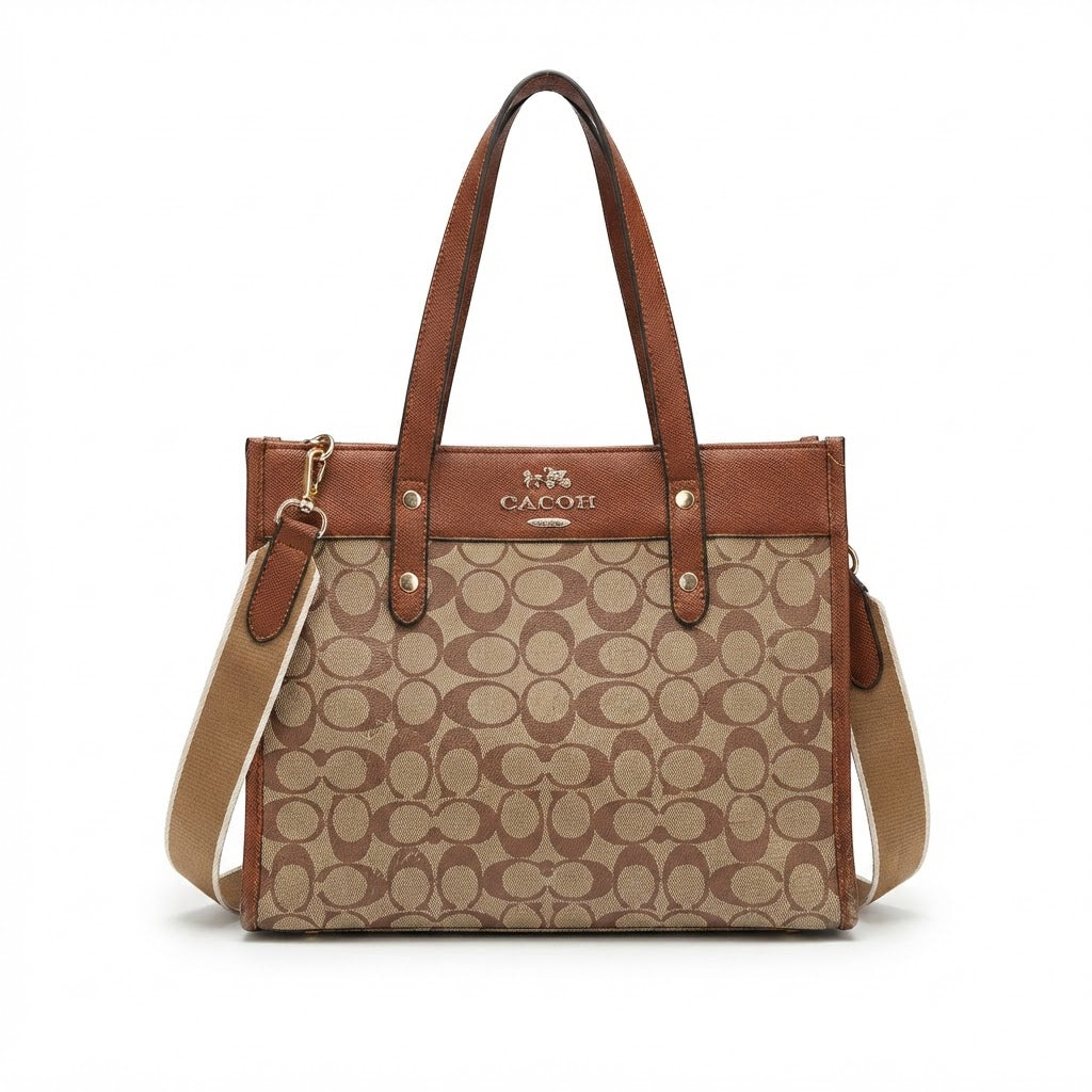 CACOH Brown Monogram Structured Tote Bag