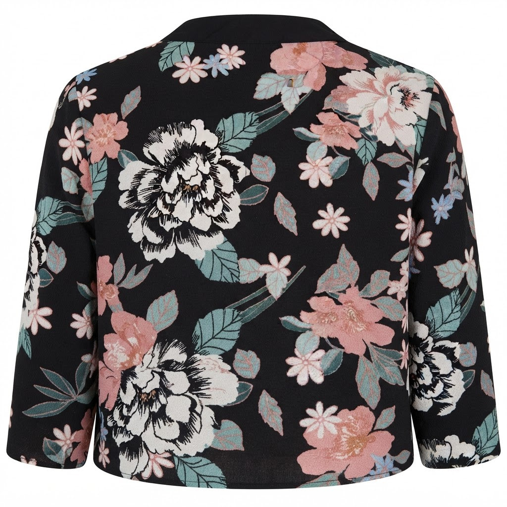 EVANS Women's Black Floral Longline Open-Front Kimono Abaya Jacket