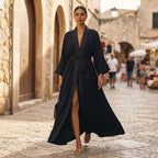 Deep Navy Black Open-Front Abaya with Jacquard Sash