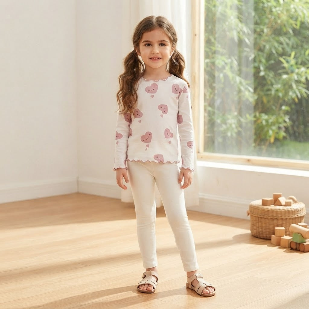 SHEIN White & Pink Heart Print Long-Sleeve Lettuce-Edge Top