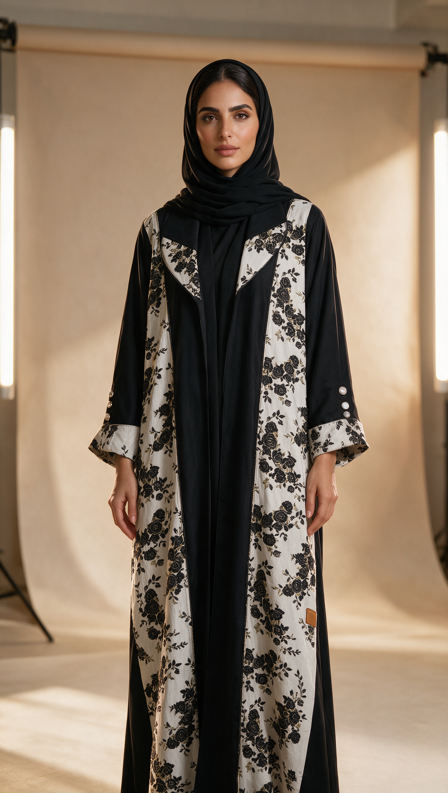 Women's Black and Silver Floral Patterned Long Abaya