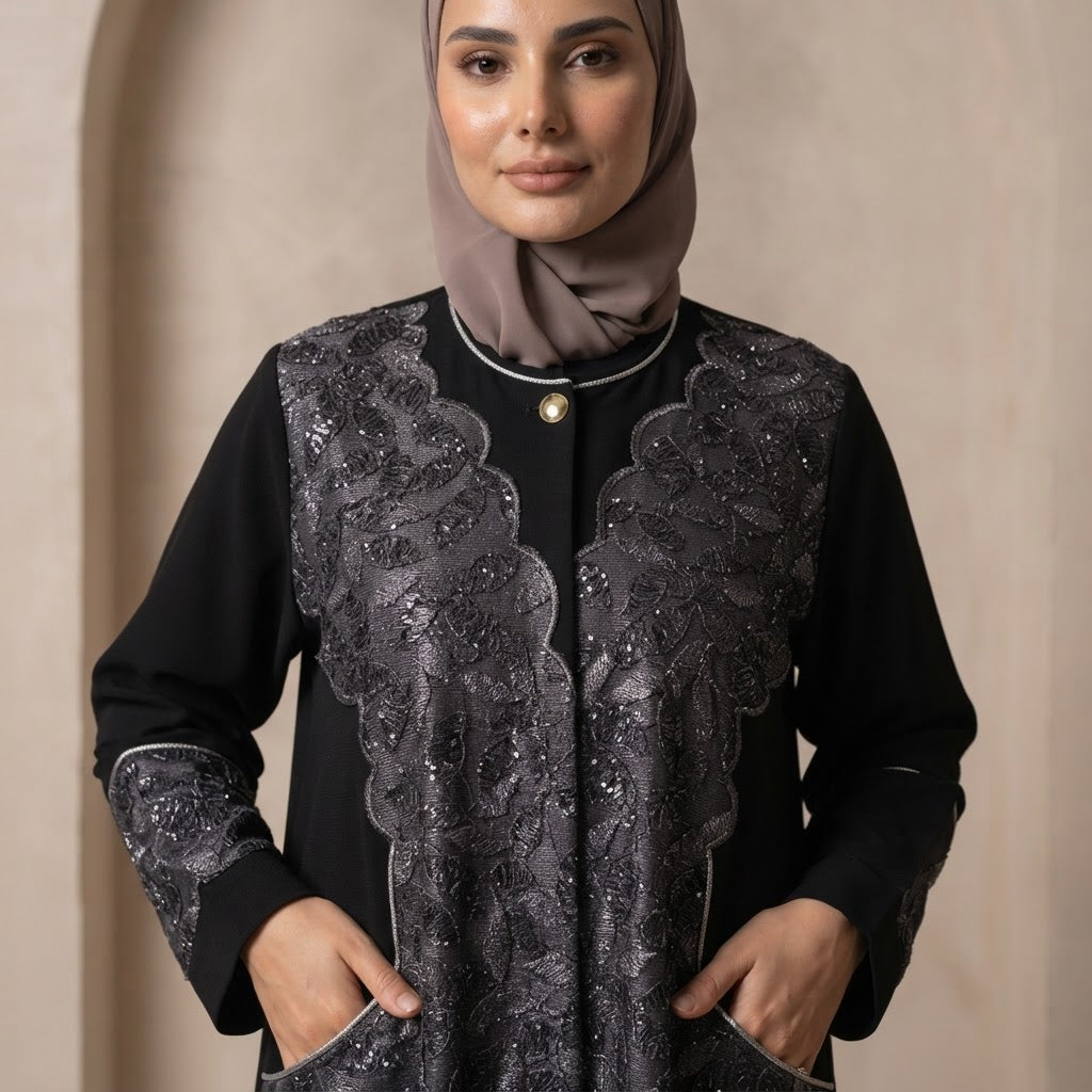 Black Embellished Long-Sleeve Formal Abaya Dress