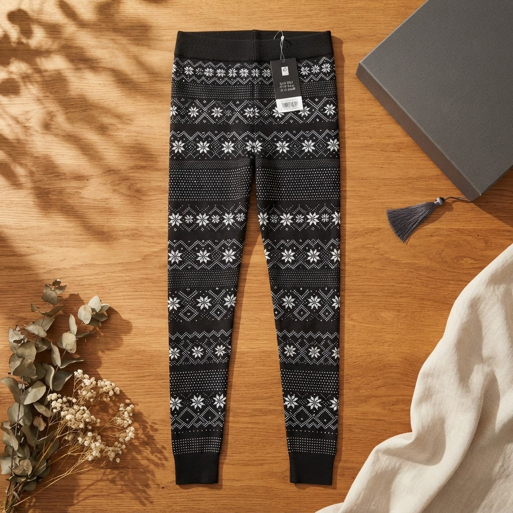 [WearU Generated:merch_flat_lay] esmara Black Knit Fair Isle Snowflake Relaxed Straight Leggings – flat lay view