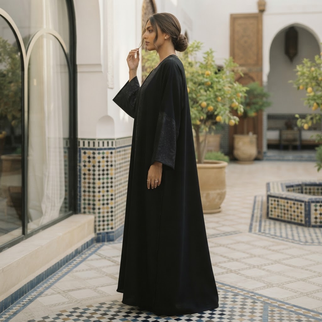 Black Embroidered Tonal Panel Kaftan Abaya