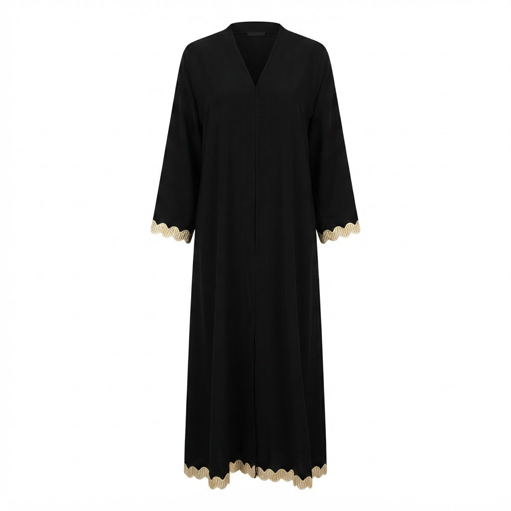 Women's Black Embroidered Kaftan Abaya with Gold Trim
