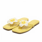 Women's Yellow Glossy Flat Thong Sandals with Flower