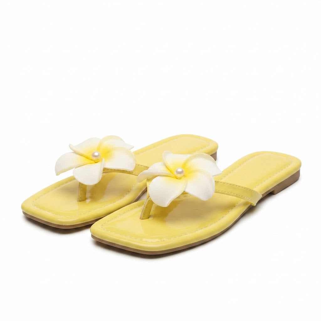 Women's Yellow Glossy Flat Thong Sandals with Flower