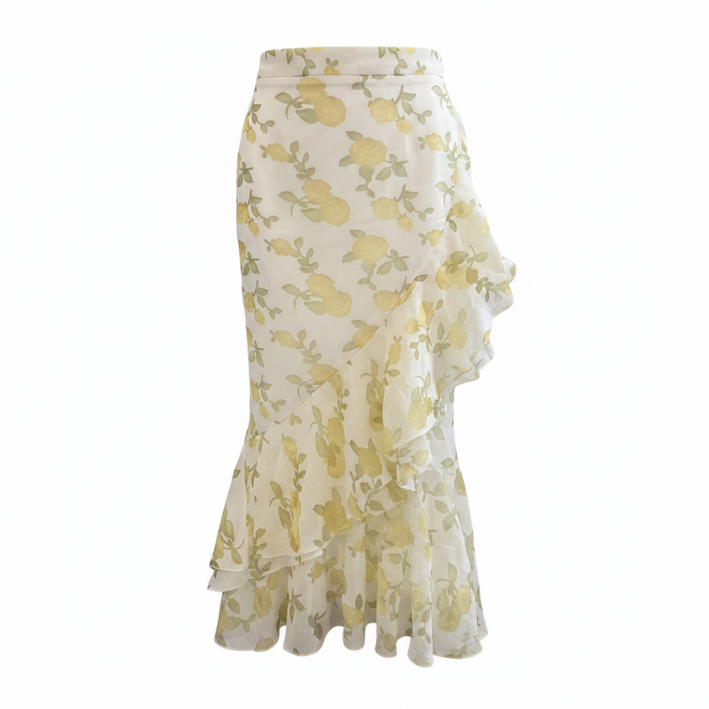 2TRENDY Women's Yellow Floral Ruffle Asymmetrical Midi Skirt