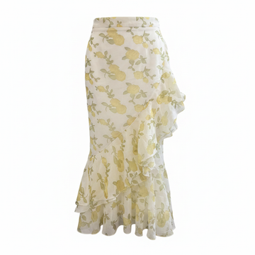 2TRENDY Women's Yellow Floral Ruffle Asymmetrical Midi Skirt