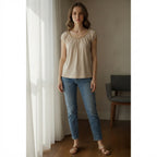 Love and Money Oatmeal Gathered Scoop Neck Top with Braided