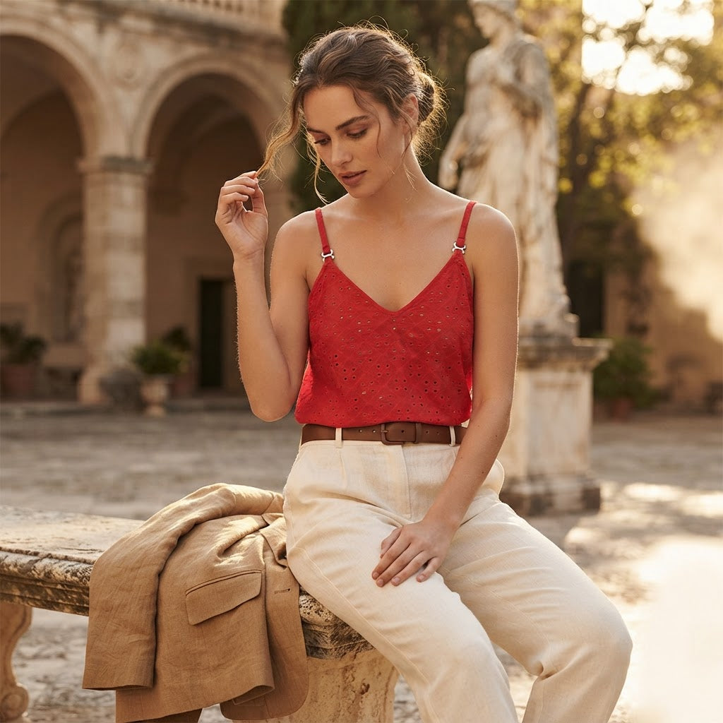 SHEIN Red SHEIN Broderie Anglaise V-Neck Spaghetti Strap Cam