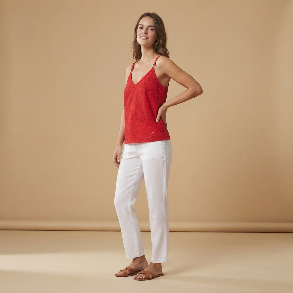Women's Red Eyelet Embroidered Camisole Tank Top