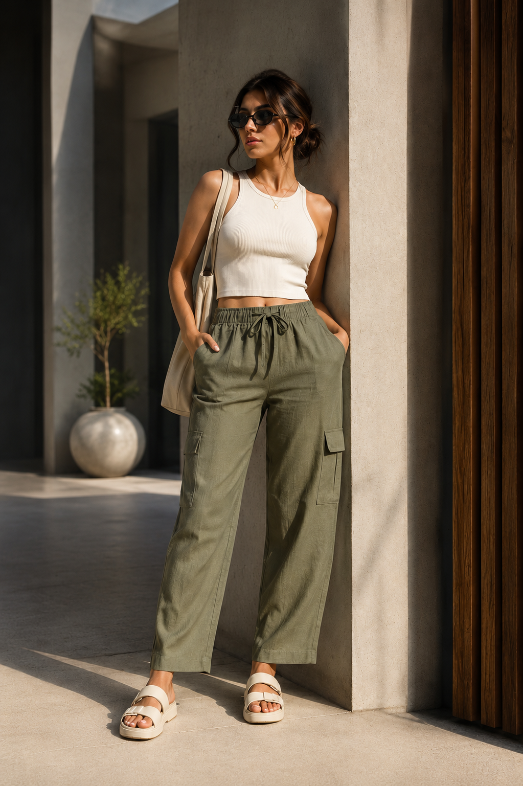 Women's Olive Green Linen Blend Cargo Trousers