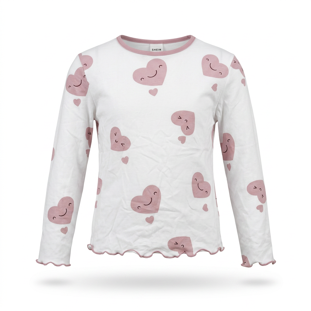 SHEIN White & Pink Heart Print Long-Sleeve Lettuce-Edge Top