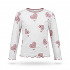 SHEIN White & Pink Heart Print Long-Sleeve Lettuce-Edge Top
