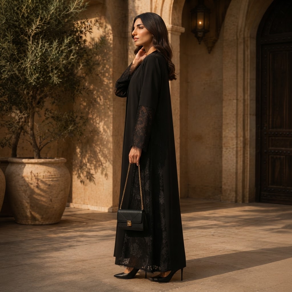 Black Open-Front Abaya with Floral Lace Cuffs and