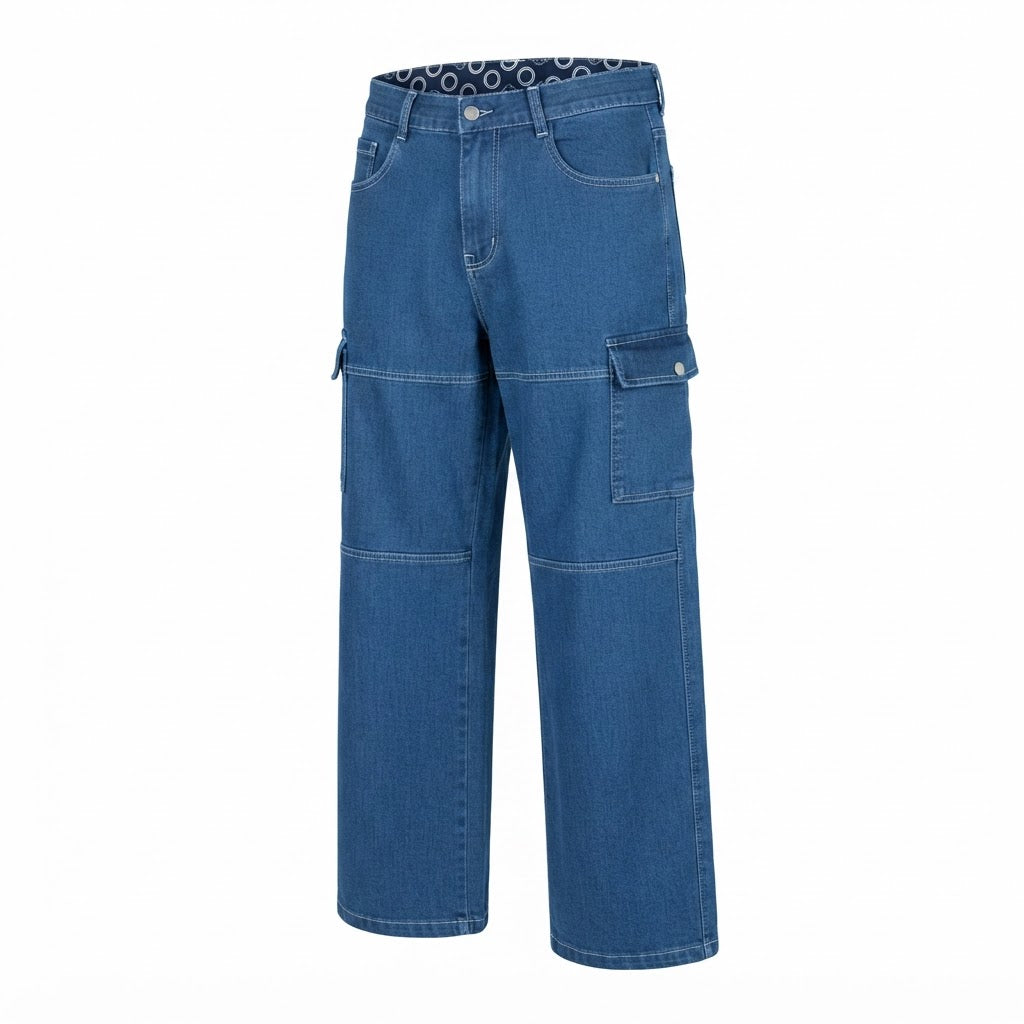off-white Medium Blue Wide Leg Cargo Denim Jeans with Contra