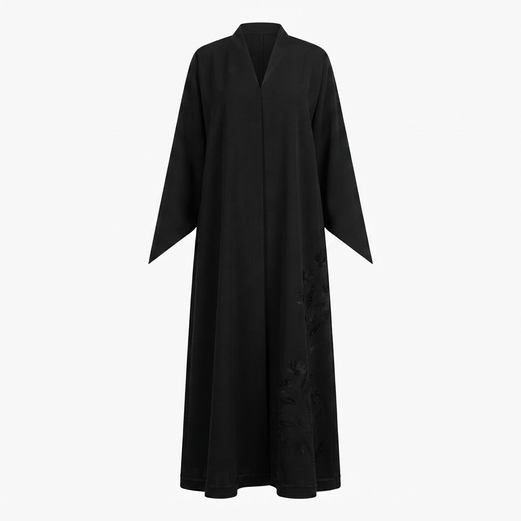 Black Floral Embroidered Abaya with Pointed Cuffs