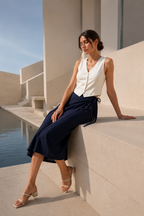 Women's Dark Navy Blue Midi Wrap Skirt - Regular Fit